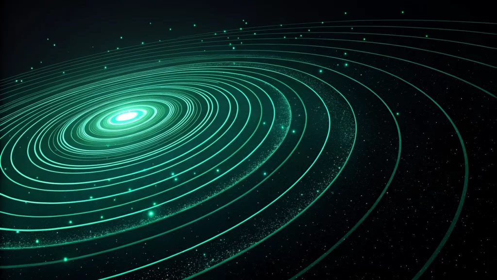 Abstract concentric green ripples radiating from a glowing off-centre point on a dark background