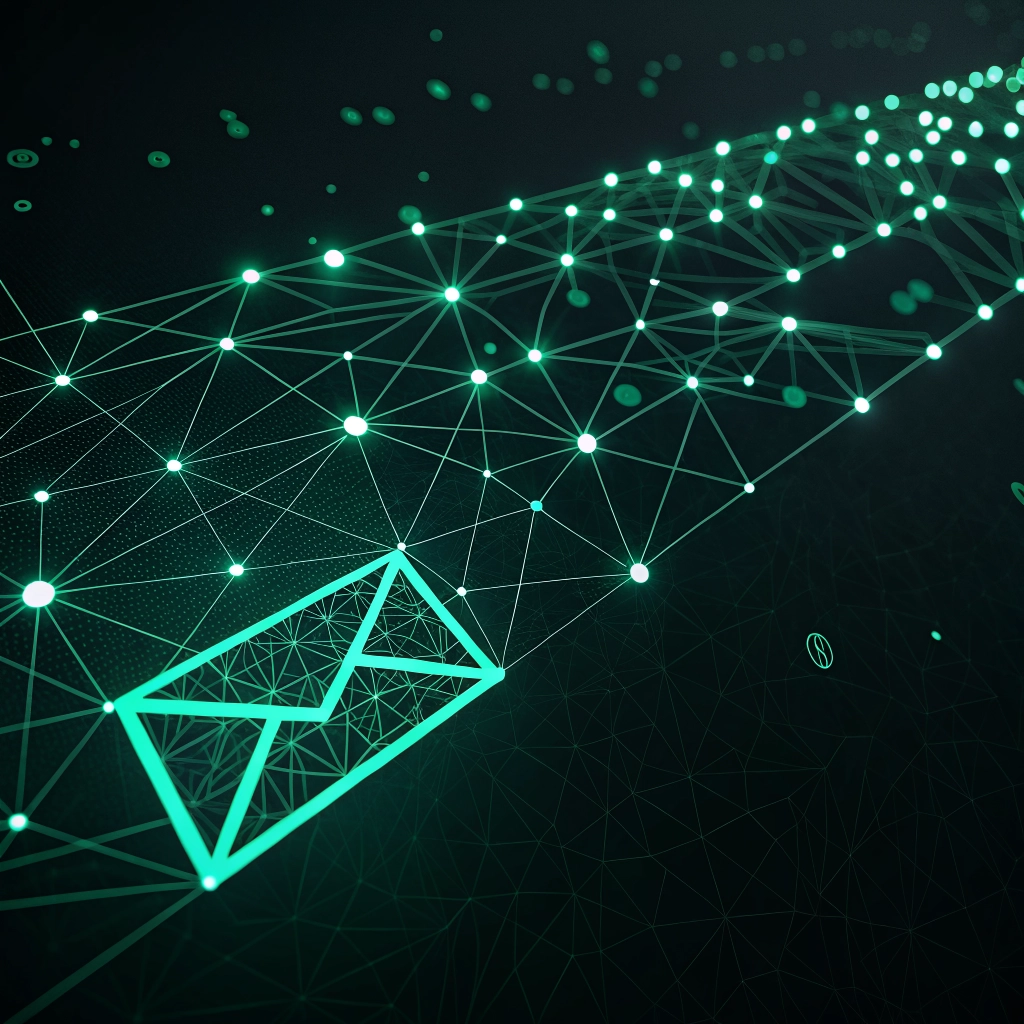 Abstract green network graphic with a glowing envelope icon, symbolizing an automated email marketing system