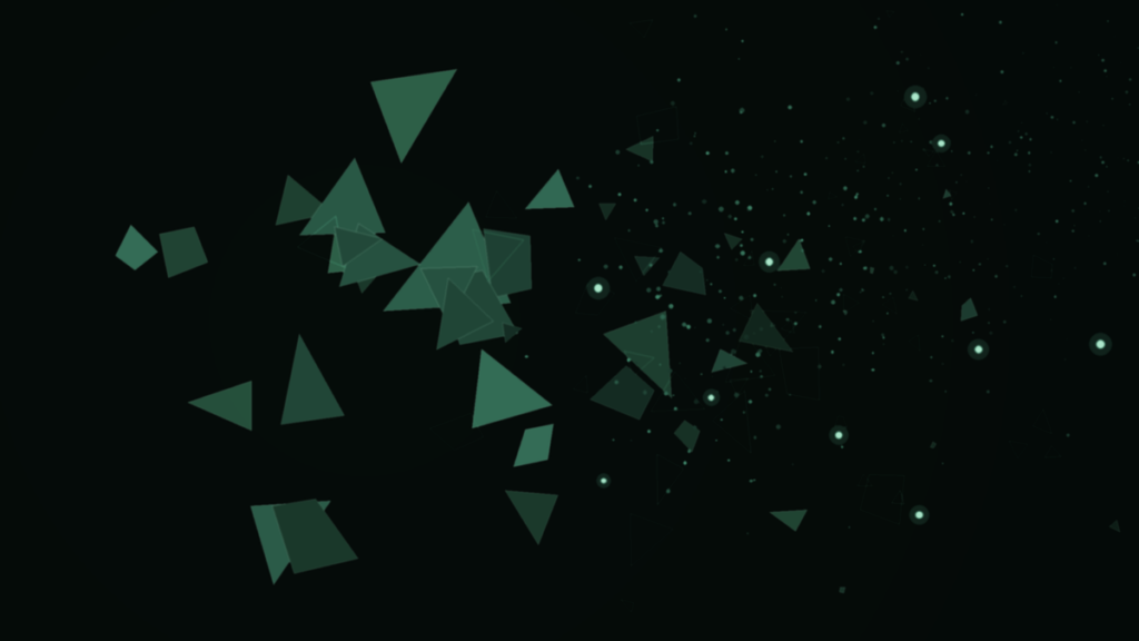 Abstract green geometric shards fragmenting and dissolving into particles on a dark background